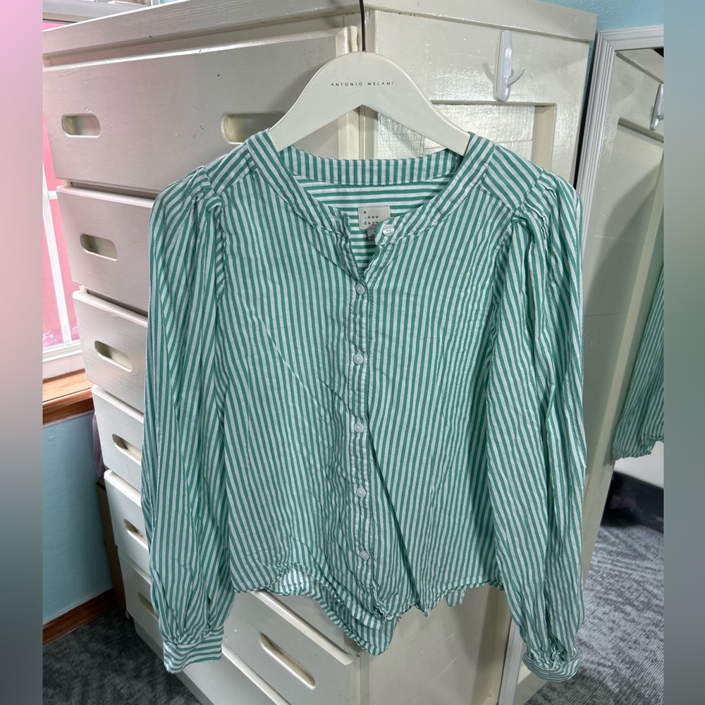 A new day green and white striped linen like button up round collar blouse✨